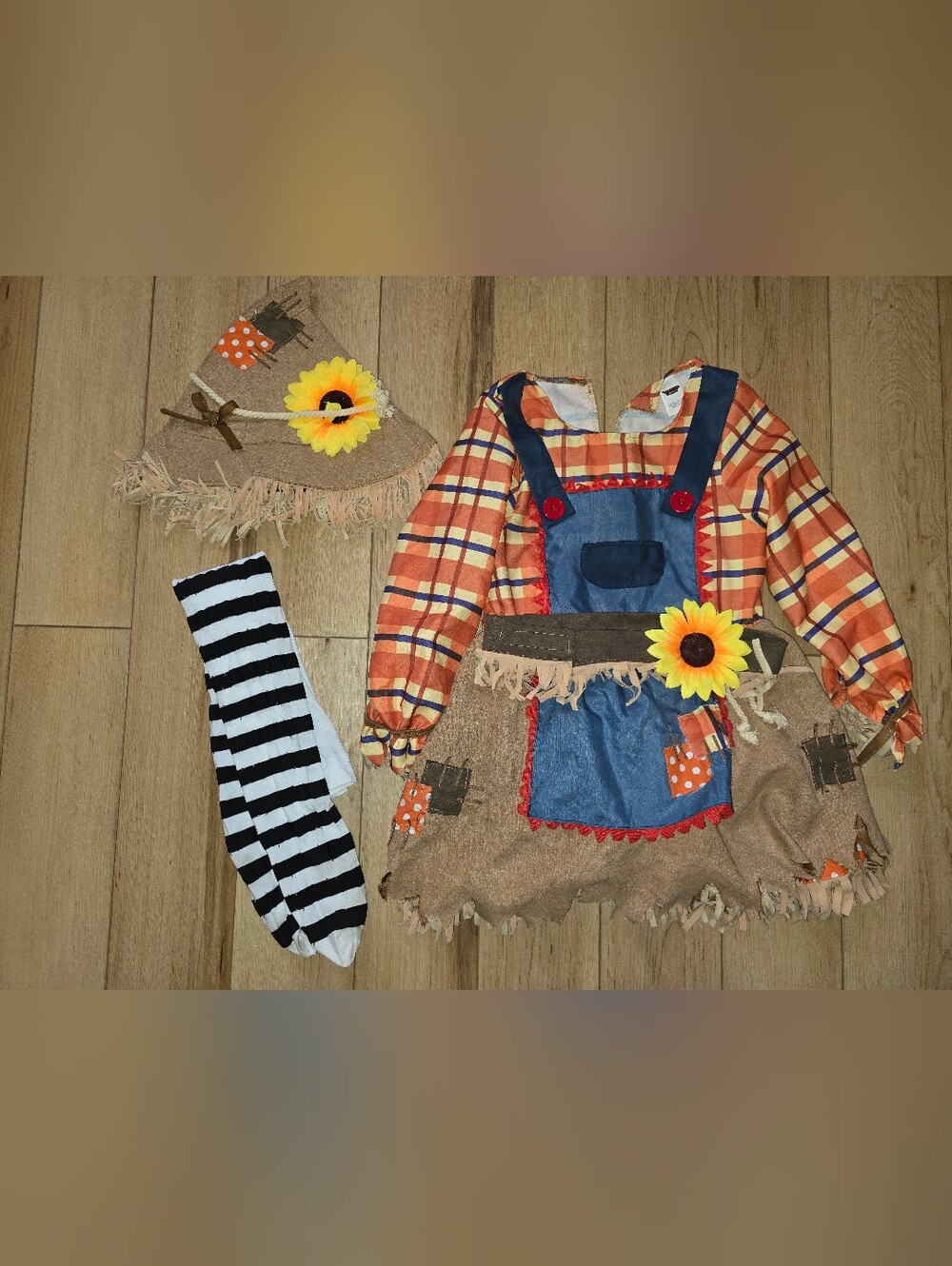 Orange Plaid Kids Scarecrow Costume with Blue Apron and Sunflower